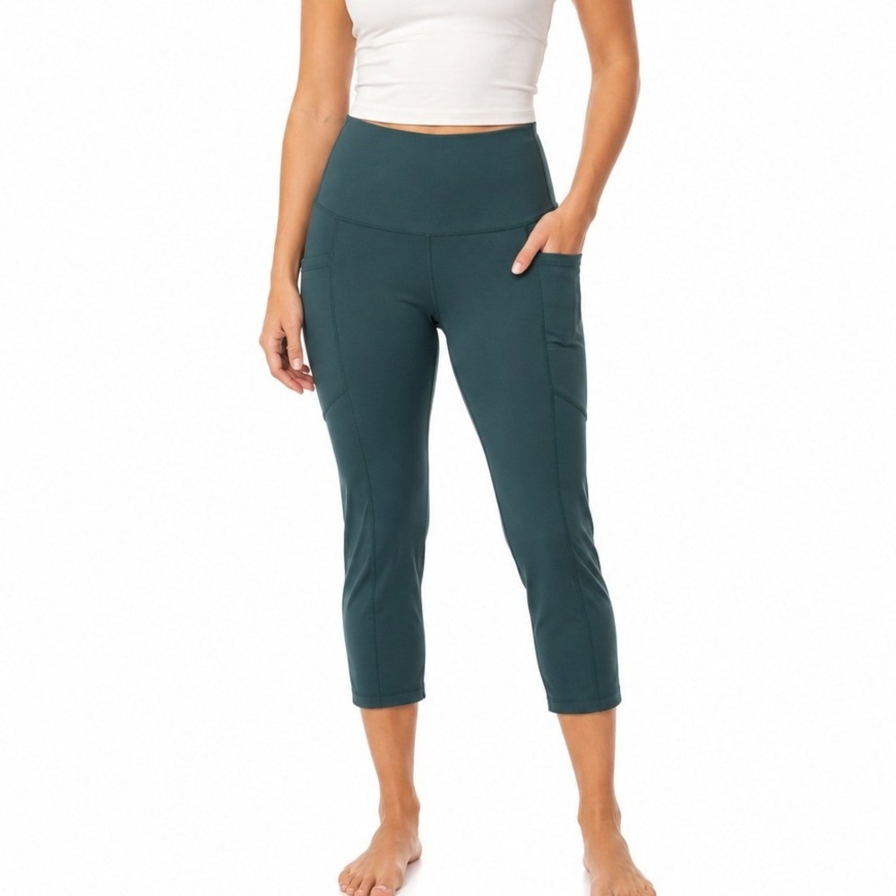 Yogalicious Womens Teal High Rise Pocket Leggings 22" Inseam Cropped Yoga | L